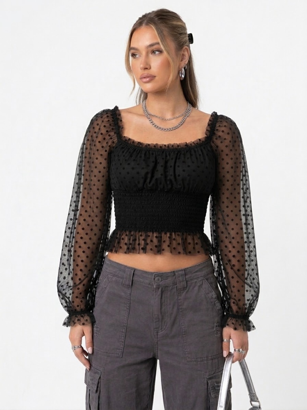 Jealous Tomato Black Sheer Swiss Dot Smocked Crop Top S Whimsigoth Coquette